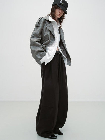 RUN TO THE FUTURE Pleated Minimalist Mid Rise Micro Stretch Casual Loose Fit Black Wide-Leg Pants