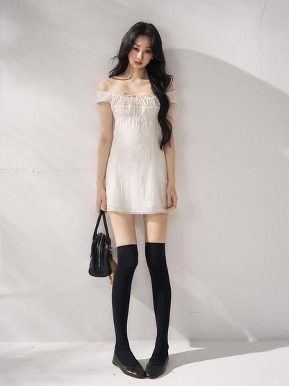 7Shiftin Cinched Tie Waist Minimalist Sleeveless A Line Women White Mini Dresses