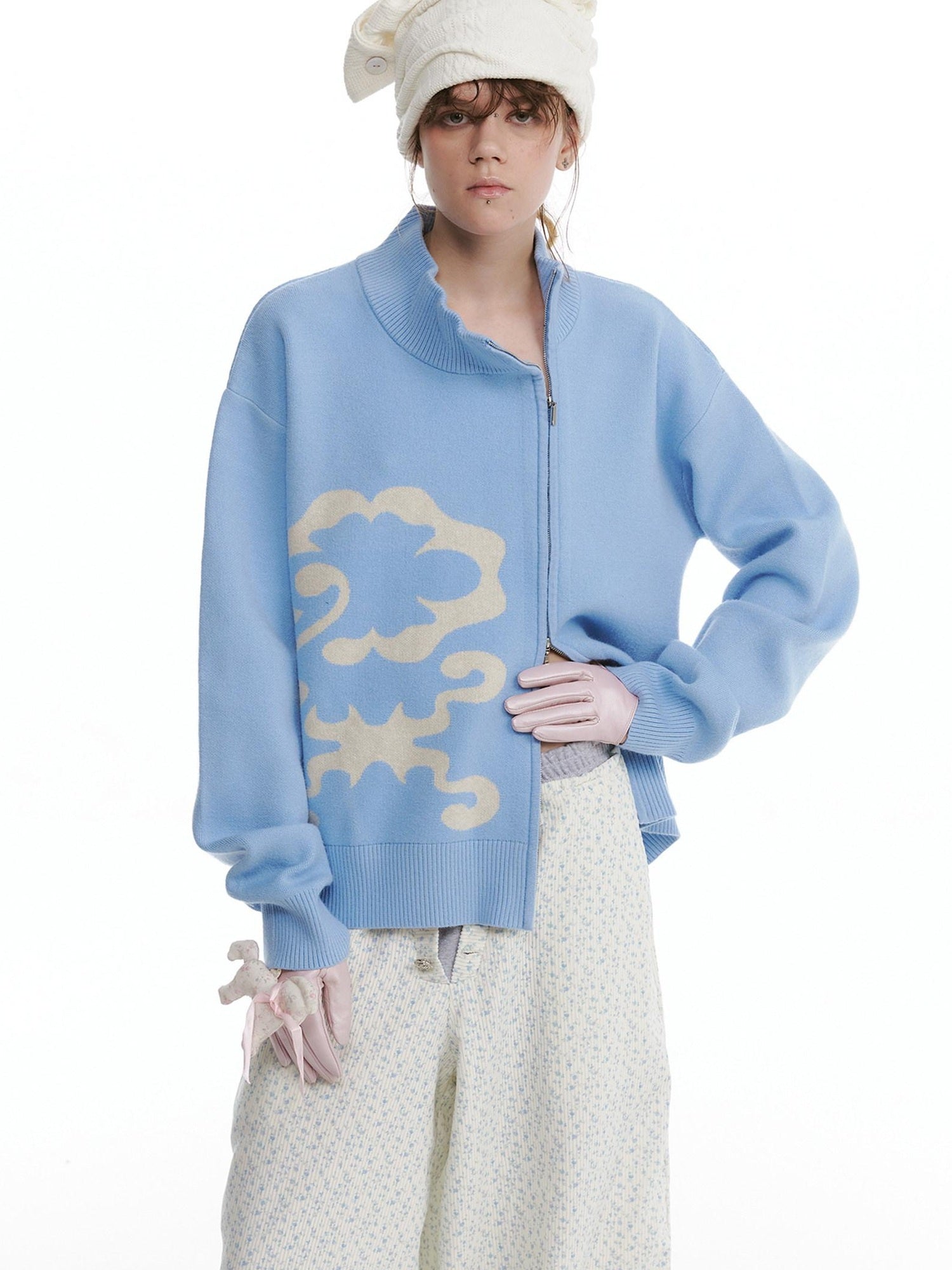 nit alcove Zipper Front Commuter Solid Knit Cardigan Relaxed Fit Unisex Blue White Sweaters