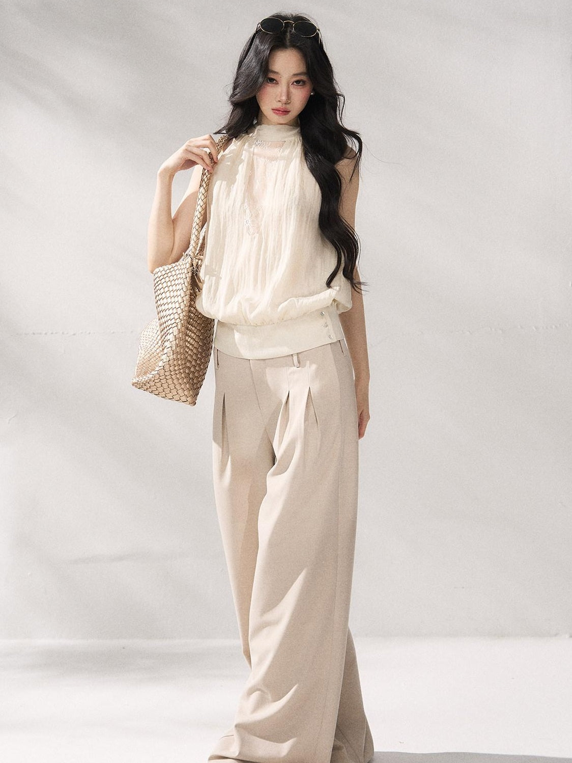 7Shiftin Soft Lyocell Loose Halter High Neck Short Beige Womens Off Shoulder Crop Tops