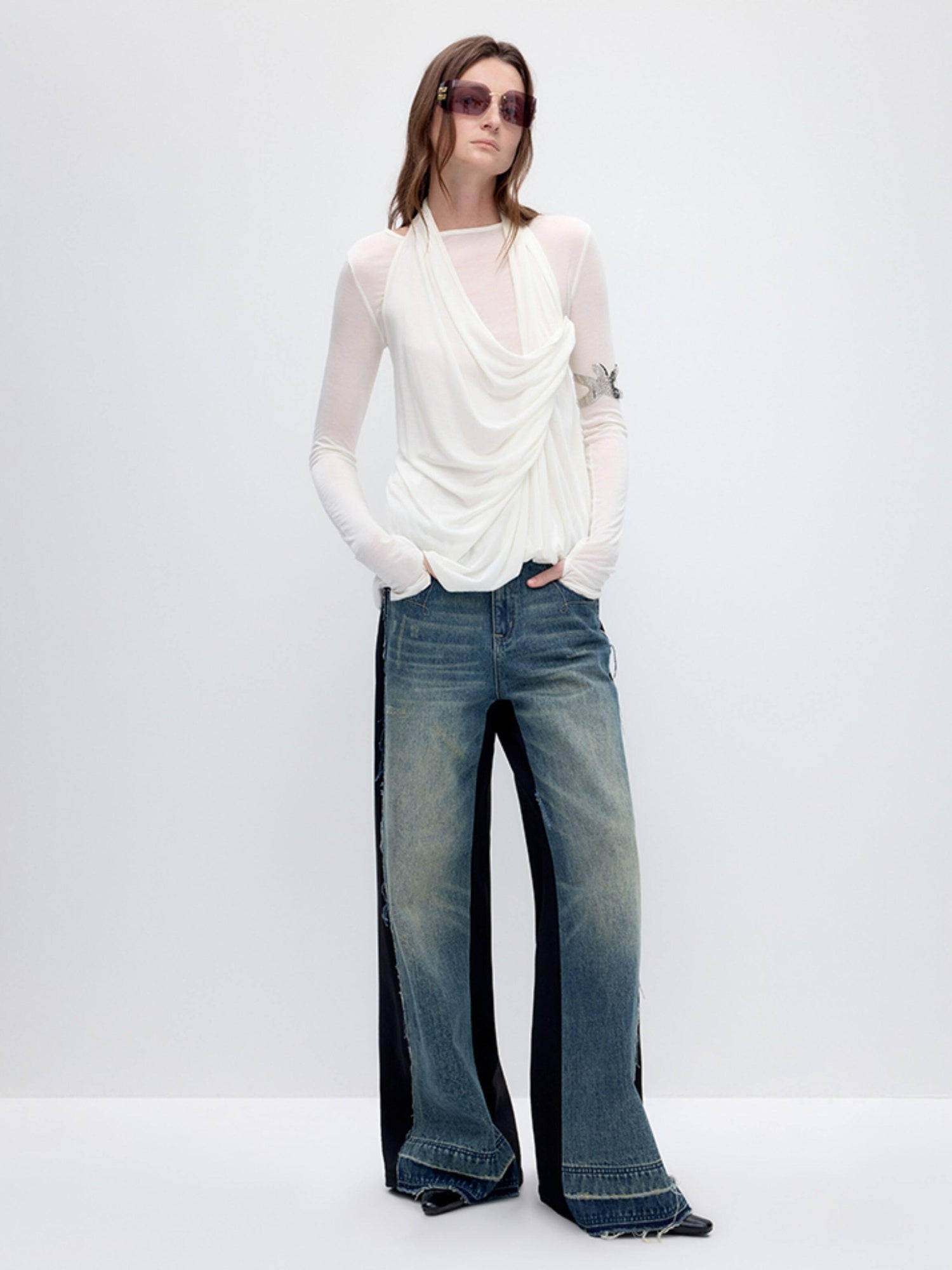 RUN TO THE FUTURE Tencel Wool Blend Pleated Commuter Slim Solid Milk White Long Sleeve T-Shirts