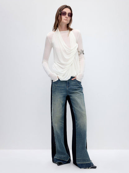 RUN TO THE FUTURE Tencel Wool Blend Pleated Commuter Slim Solid Milk White Long Sleeve T-Shirts