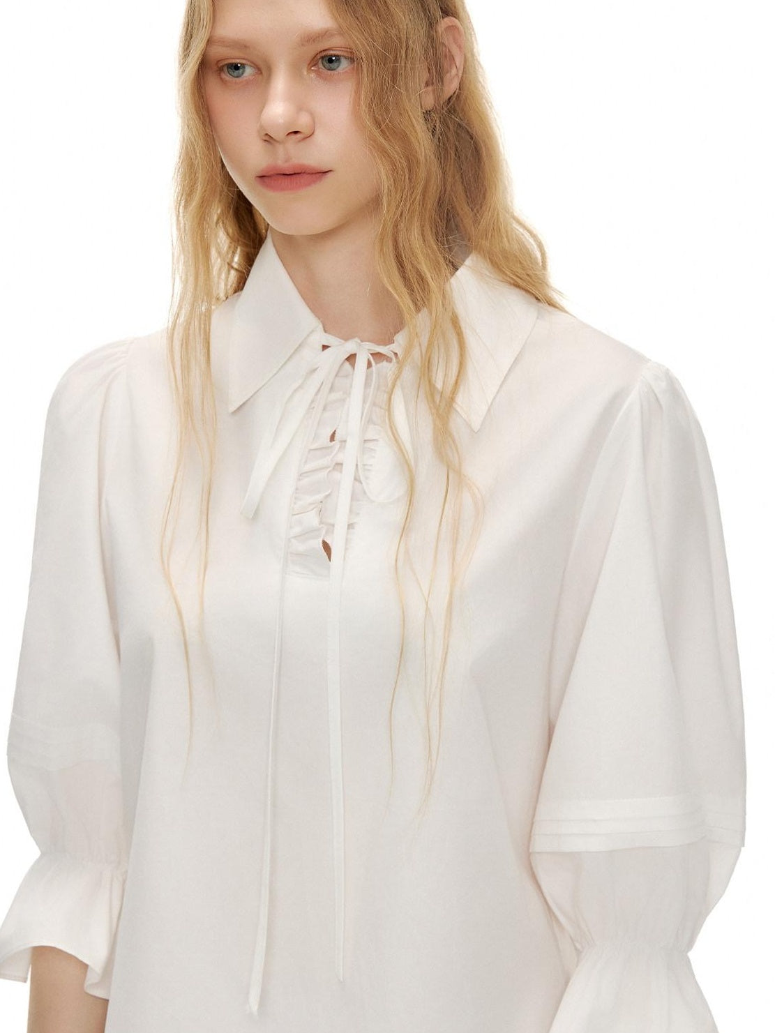 OuttheBlue Lightweight Cotton Lyocell High Waist Tie Casual Puff Sleeves Women Blouses