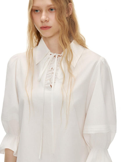 OuttheBlue Lightweight Cotton Lyocell High Waist Tie Casual Puff Sleeves Women Blouses