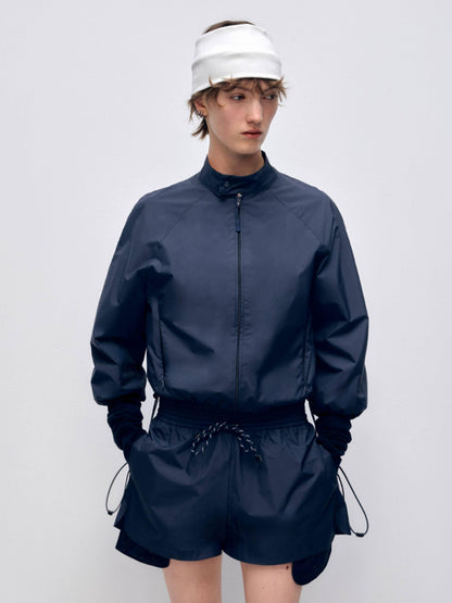 RUN TO THE FUTURE Polyester Two Piece Zip Stand Collar Casual Women Navy Green Short Trousers