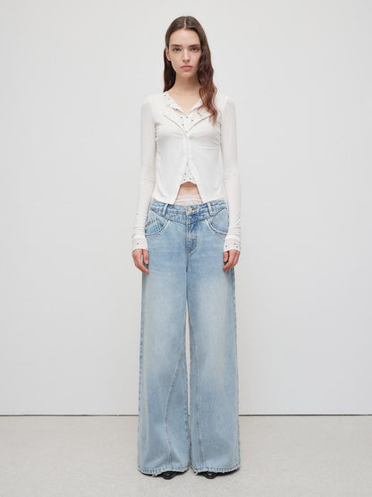RUN TO THE FUTURE Light Blue Casual Loose Natural Waist Button Fly No Stretch Women Wide-Leg Jeans