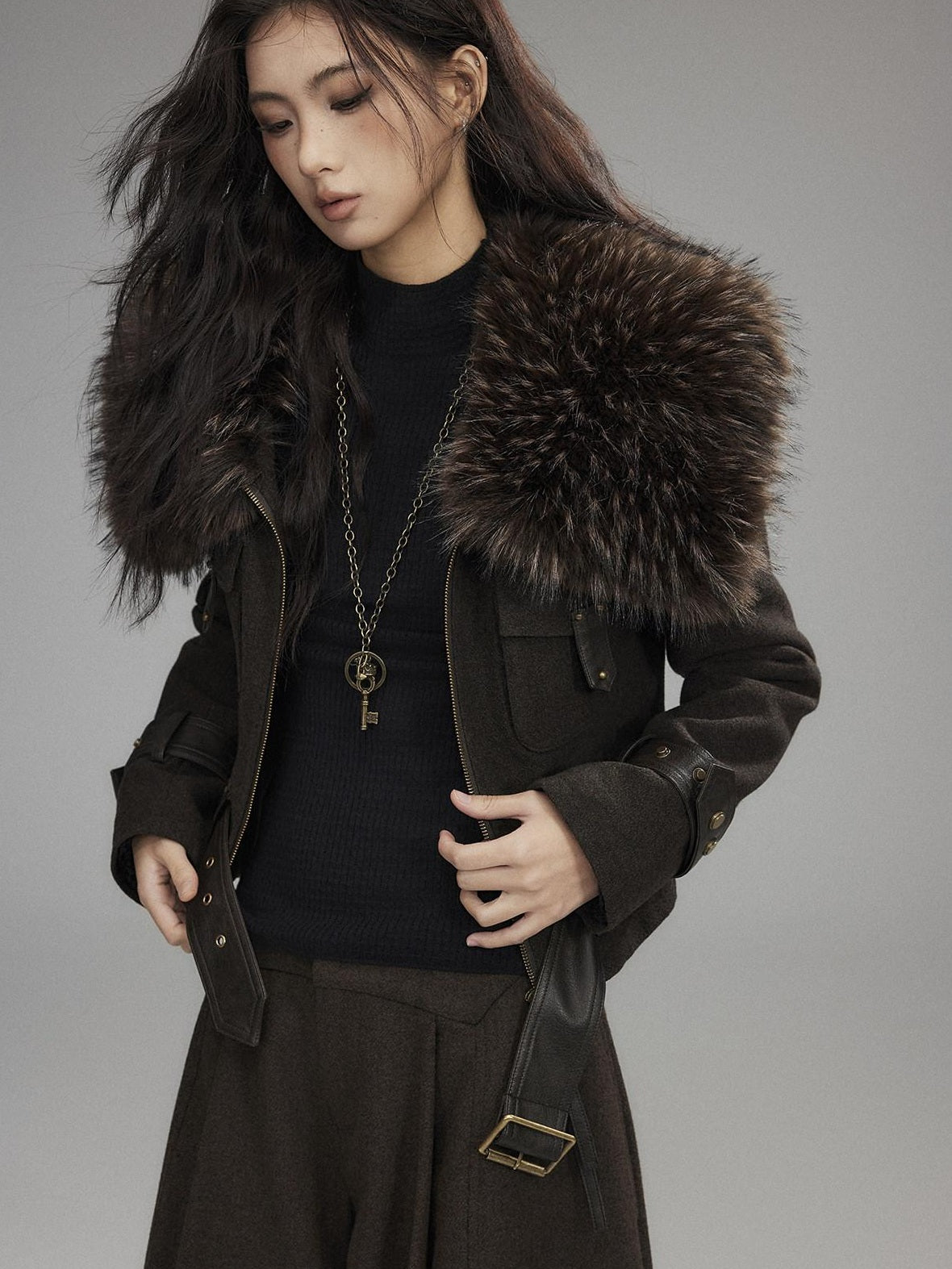 Low pixel Thick Wool Blend Slim Fit Sexy Lapel Zipper Brown Everyday Women Cropped Jackets