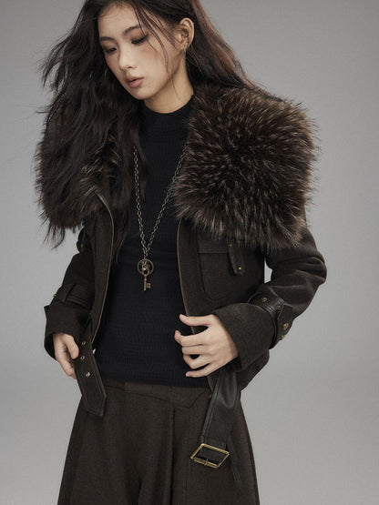 Low pixel Thick Wool Blend Slim Fit Sexy Lapel Zipper Brown Everyday Women Cropped Jackets
