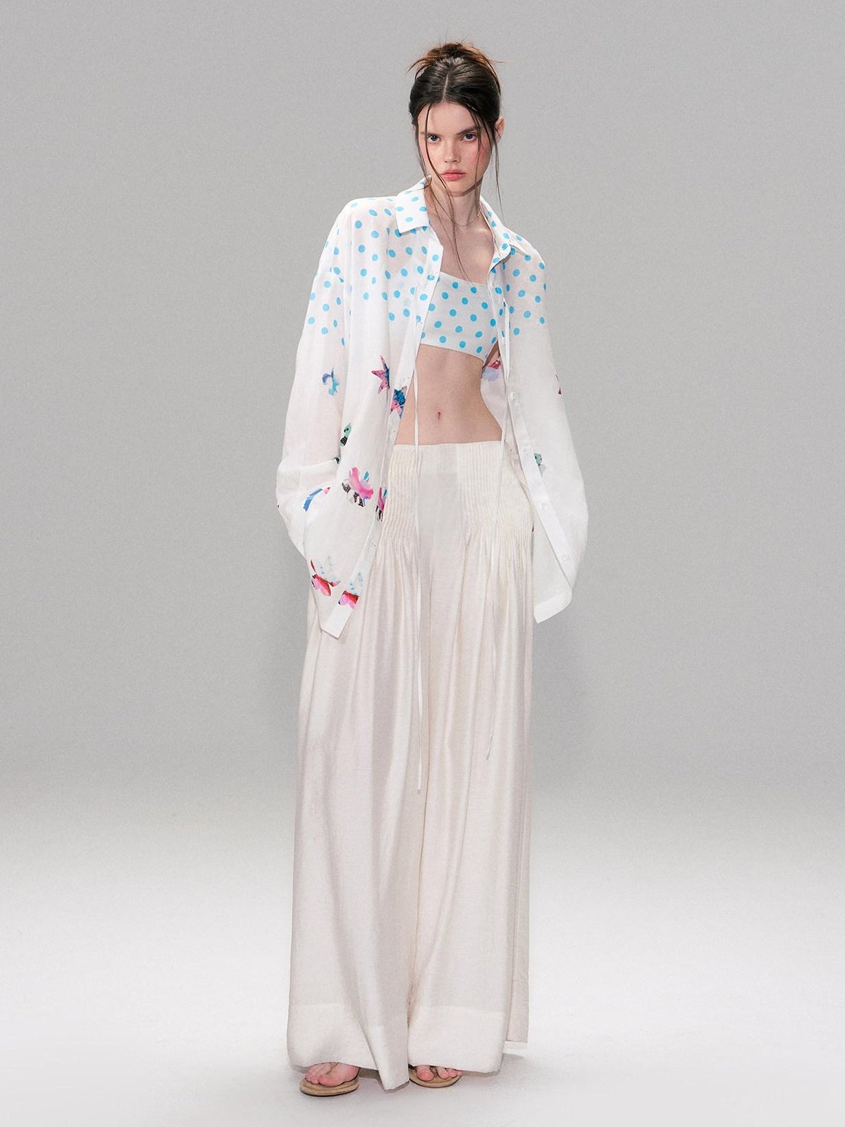 The NeverMore Lightweight Linen Blend Pleated Mid Waist Casual Women Off White Wide Leg Pants