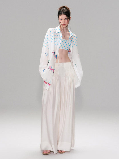The NeverMore Lightweight Linen Blend Pleated Mid Waist Casual Women Off White Wide Leg Pants