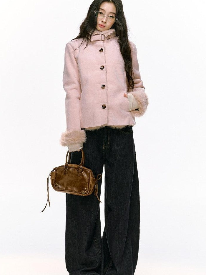 7Shiftin Fleece Lined Original Slim Stand Collar Button Coffee Pink Cropped Jackets