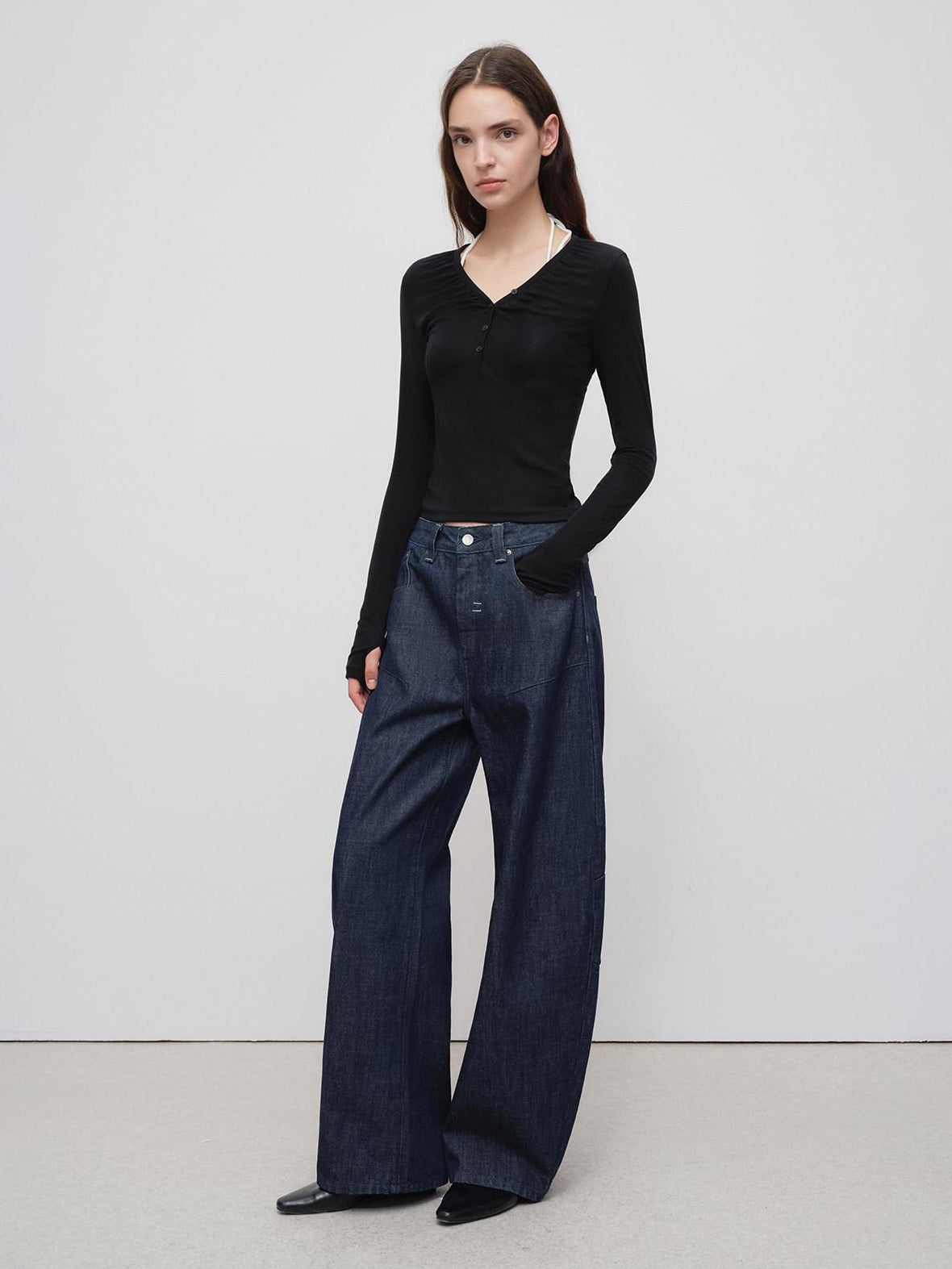 RUN TO THE FUTURE Breathable Cotton Pleated Loose Wide Leg Low Rise Women Raw Denim Straight Jeans