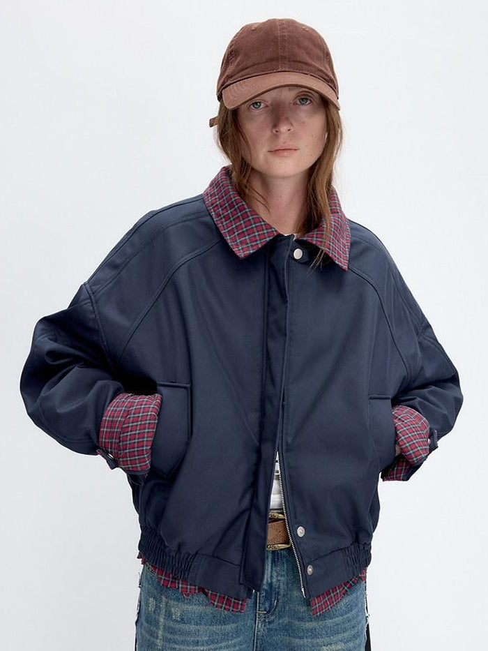 RUN TO THE FUTURE Retro Zipper Pocket Design Loose Fit Commuter Navy Solid Track Jackets