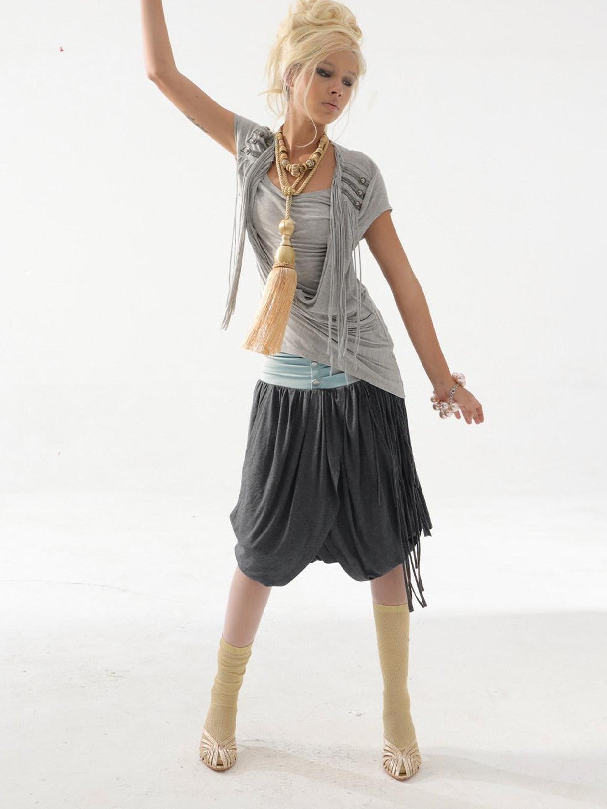 DoublePunch Desert Sand Asymmetric Draped Tassel Knit Women&