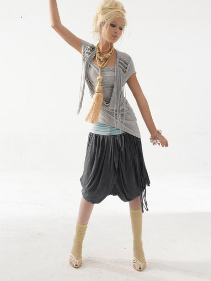 DoublePunch Desert Sand Asymmetric Draped Tassel Knit Women&