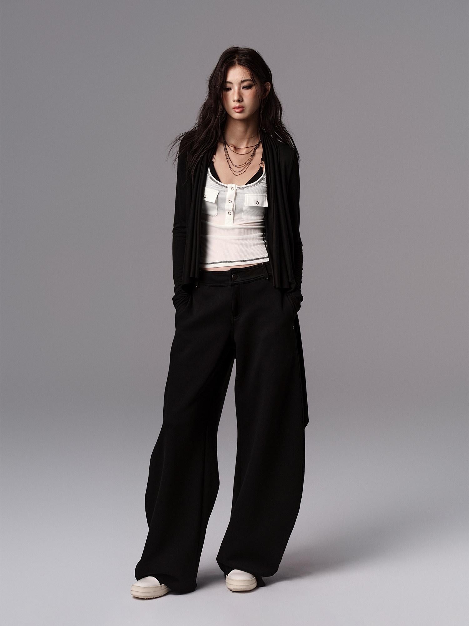 Low pixel Low Waist Dark Minimal Curved Button Fly Black Women Rayon Wide Leg Pants