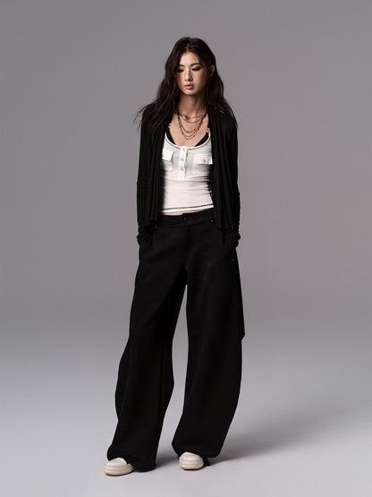 Low pixel Low Waist Dark Minimal Curved Button Fly Black Women Rayon Wide Leg Pants