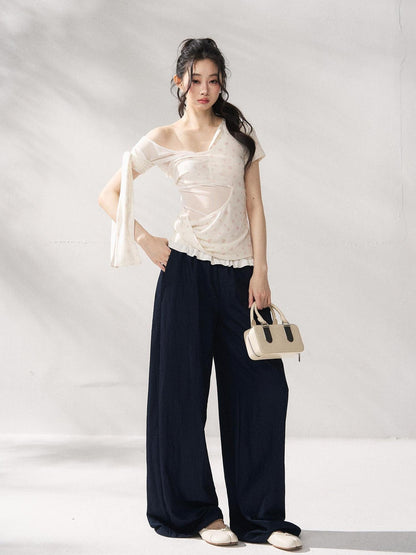 7Shiftin Floral Tie Slim Fit Casual Asymmetrical Neck Short Sleeve Women Basic Crop Tops