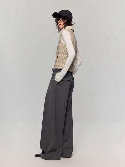 RUN TO THE FUTURE Minimalist Original Tie Detail Low Rise Zipper Women Rock Gray Wide-Leg Pants
