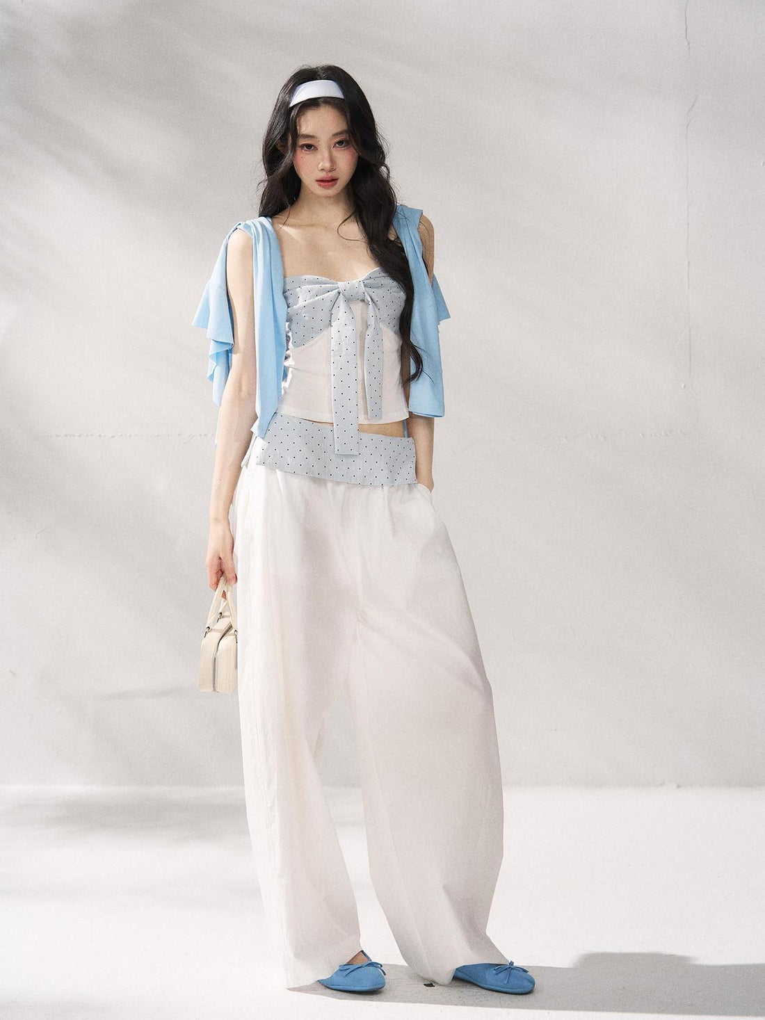 7Shiftin Polka Dot Bow Cropped Three Piece High Waist Sleeveless Women Top &amp; Pants Sets