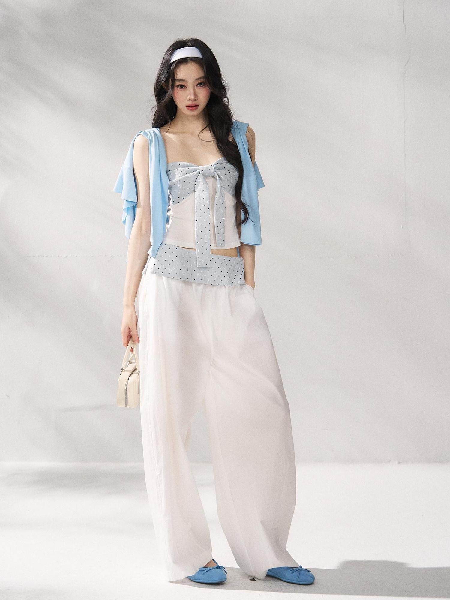 7Shiftin Polka Dot Bow Cropped Three Piece High Waist Sleeveless Women Top &amp; Pants Sets