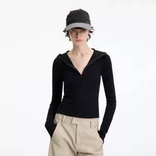 RUN_TO_THE_FUTURE_Slim_Fit_Hooded_Zip_Casual_Women_Cotton_Blend_Black_Long_Sleeve_T-Shirts_MISSTT