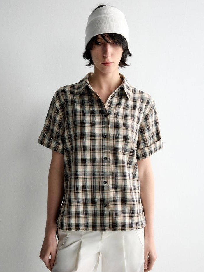 RUN TO THE FUTURE Skin Friendly Breathable Vintage Slim Tie Women Plaid Button Collar Shirts