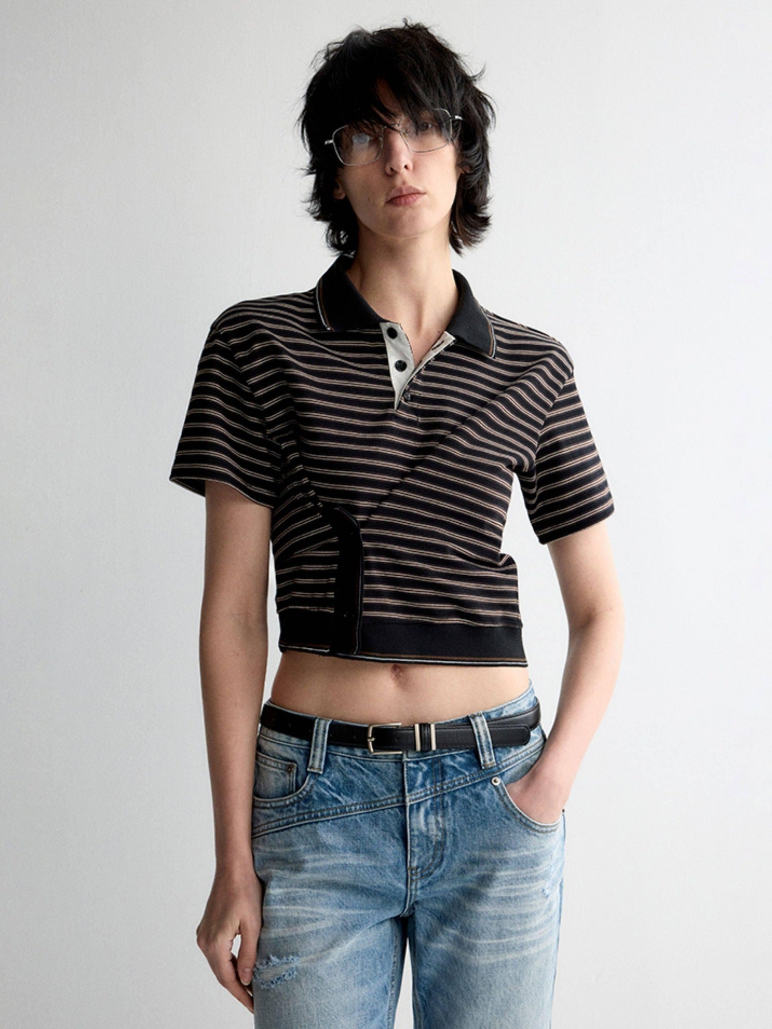 RUN TO THE FUTURE Breathable Cotton Slim Fit Asymmetric Henley Striped Low Waist Women Crop Tops