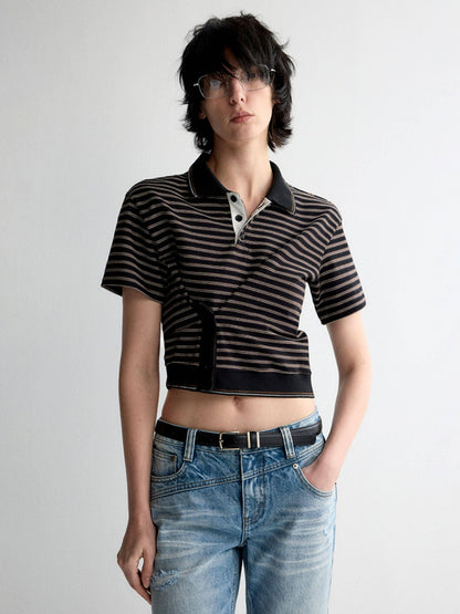 RUN TO THE FUTURE Breathable Cotton Slim Fit Asymmetric Henley Striped Low Waist Women Crop Tops
