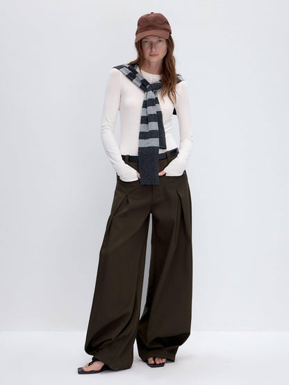 RUN TO THE FUTURE Pleated Low Waist Minimalist Loose Fit Women Vintage Green Wide-Leg Pants