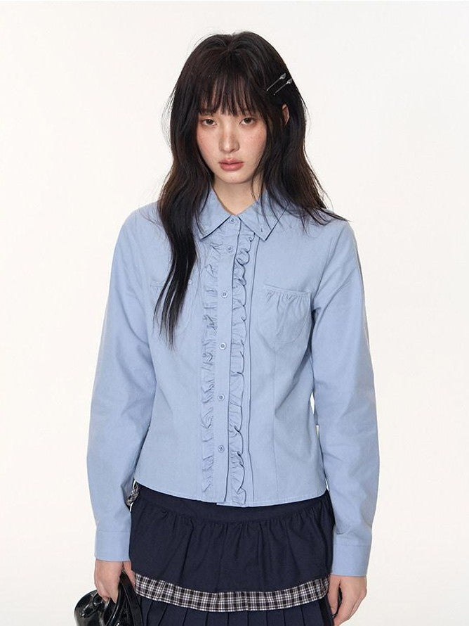 NAPSNAPS Ruffle Trim Pleated Point Collar Patch Pocket Women&