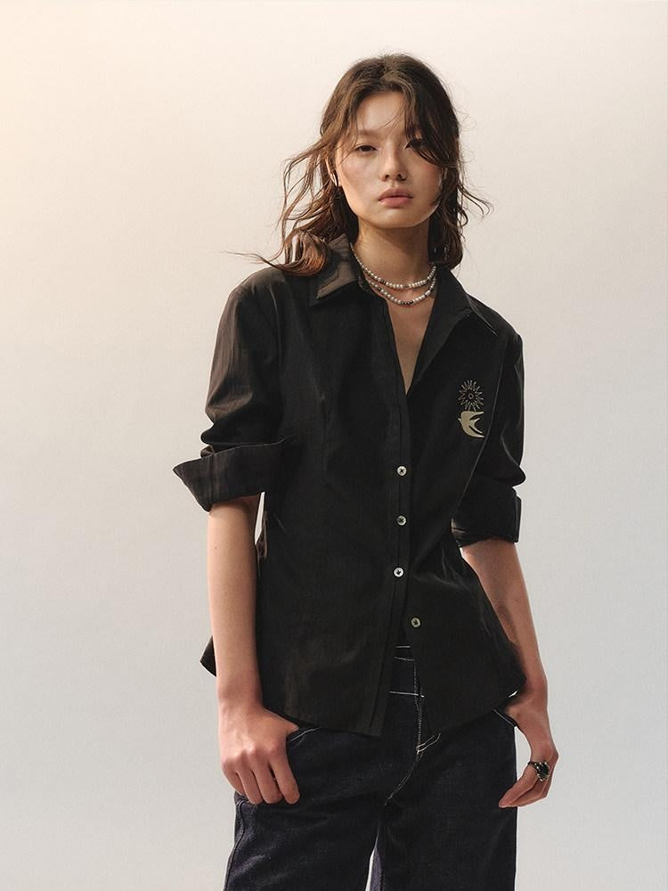 AnnoMundi Embroidered Lyocell Lace Slim Fit Double Collar Long Sleeve Women Black Blouses