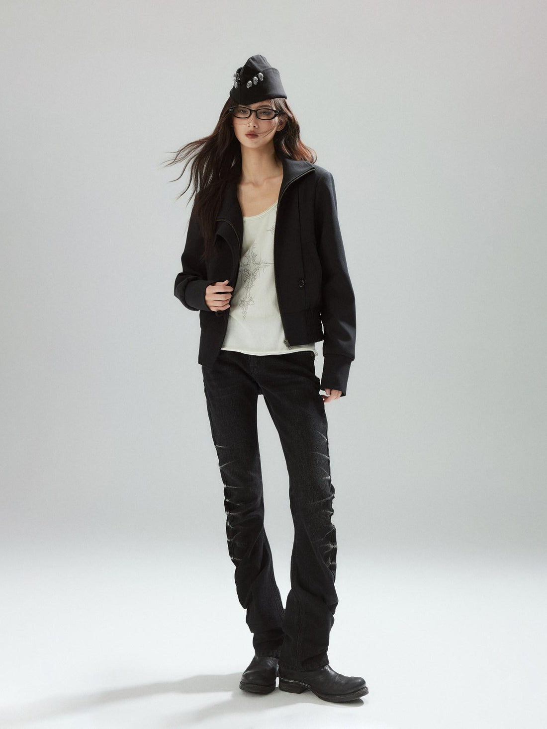Low pixel Pleated Low Rise Black Micro Stretch Street Slim Everyday Straight Leg Jeans