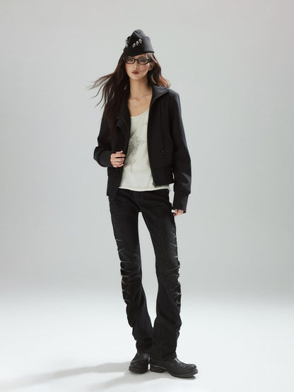Low pixel Pleated Low Rise Black Micro Stretch Street Slim Everyday Straight Leg Jeans