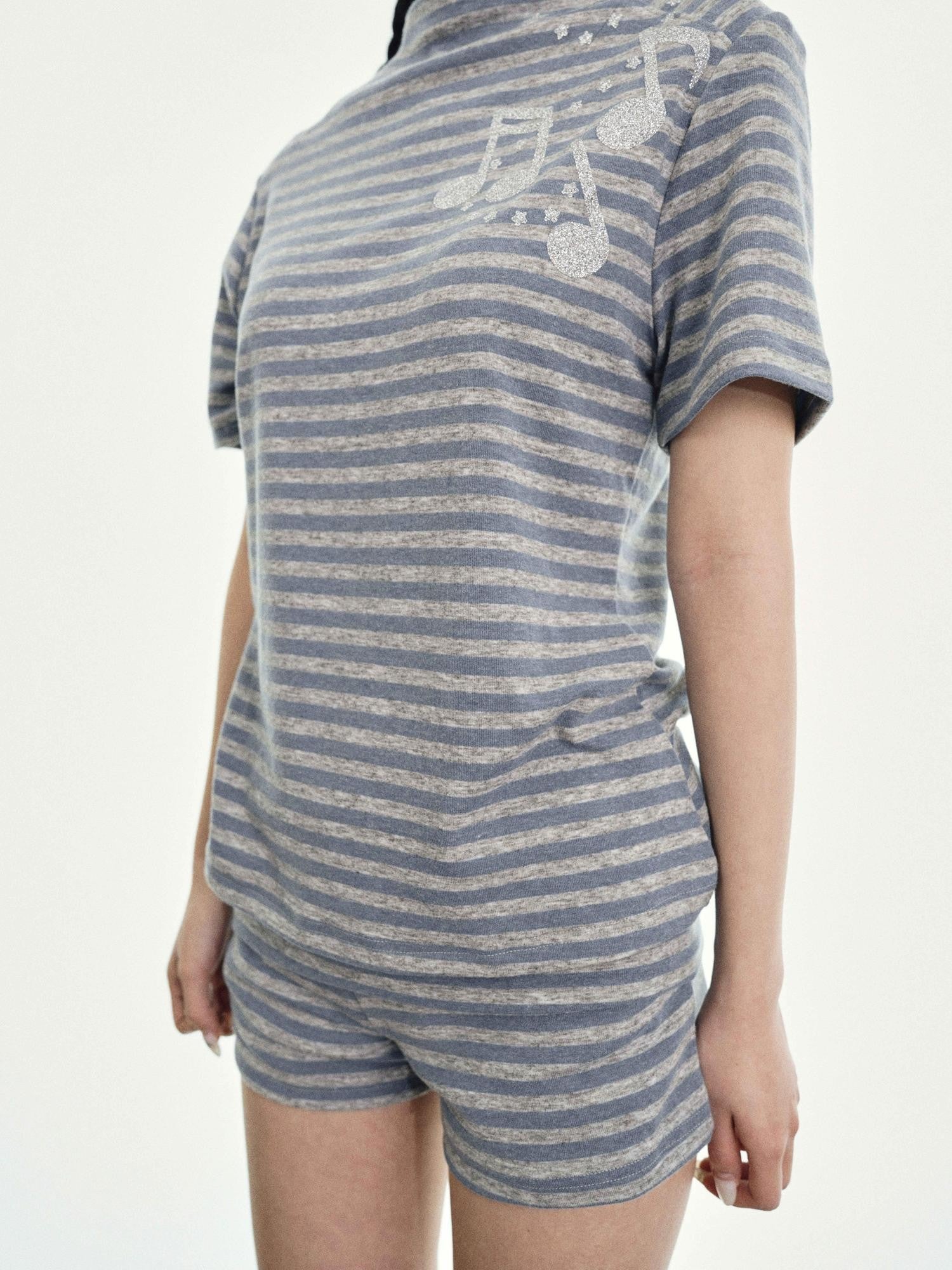 takeabreak Blue Grey Heather Striped Music Note Heat Transfer Women&