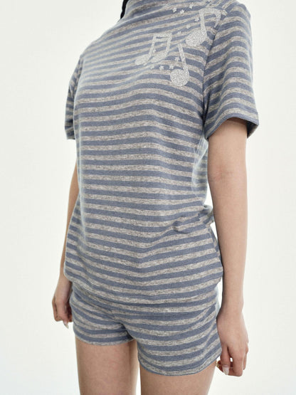 takeabreak Blue Grey Heather Striped Music Note Heat Transfer Women&