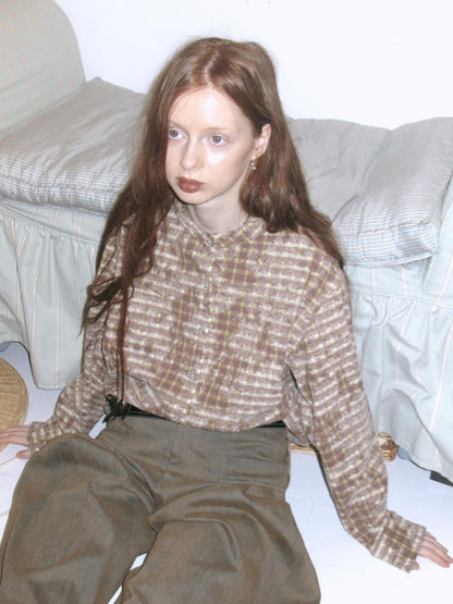 Dorydory Vintage Distressed Round Neck Plaid Niche Japanese Women&