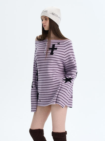 The NeverMore Sexy Colorblock Oversized Crewneck Short Striped Button Pullover Women Sweaters
