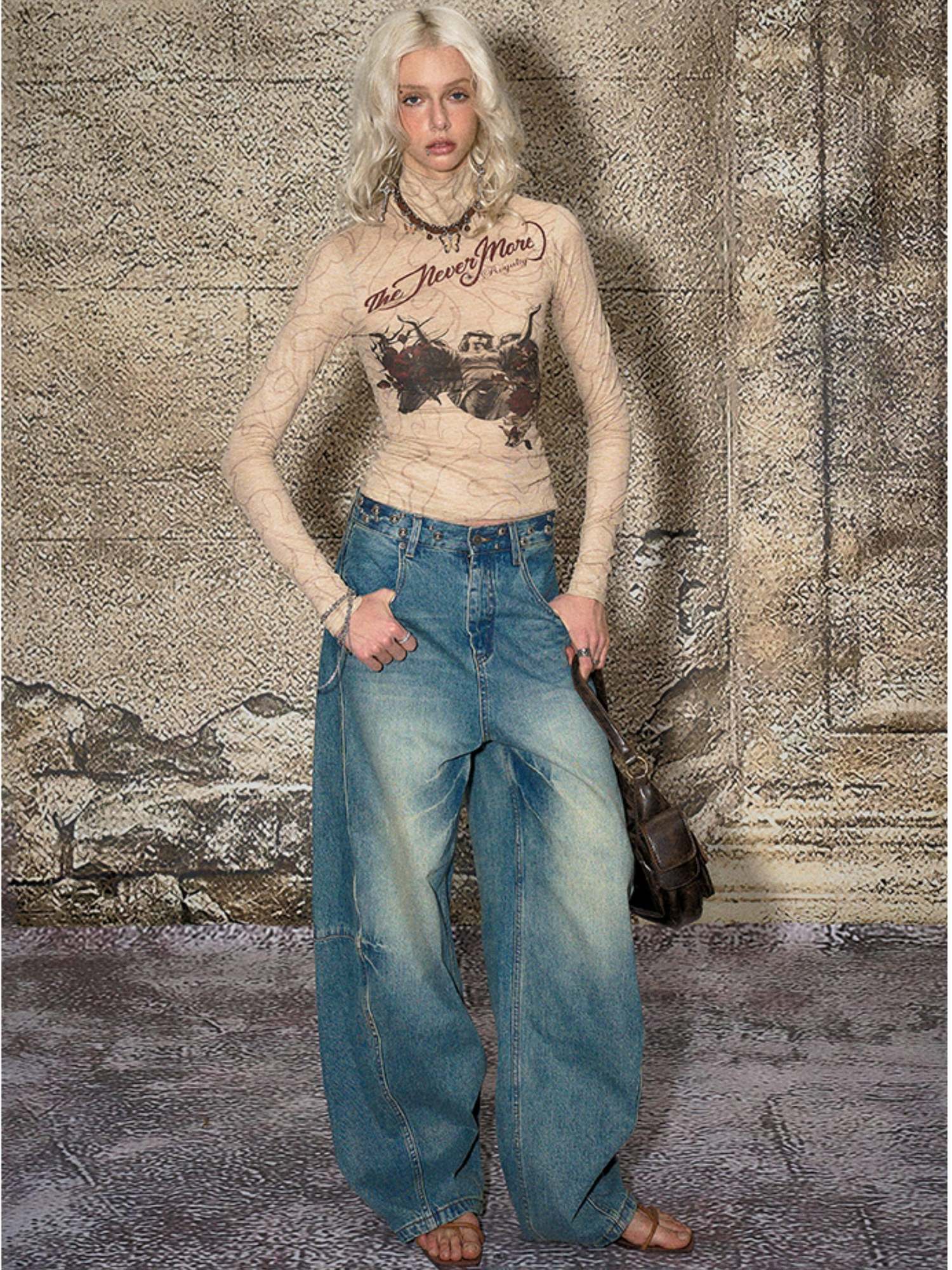 The NeverMore Durable Distressed Relaxed Loose Natural Waist Blue Denim Wide Leg Jeans