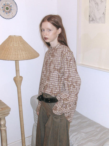 Dorydory Vintage Distressed Round Neck Plaid Niche Japanese Women&