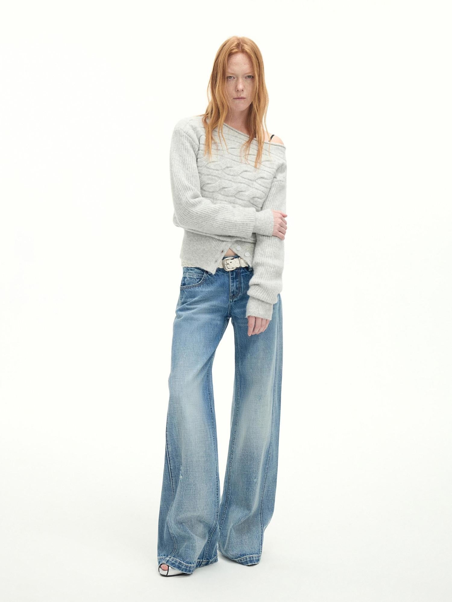 RUN TO THE FUTURE Vintage Washed Flared Cotton Natural Waist Women Blue Wide-Leg Jeans