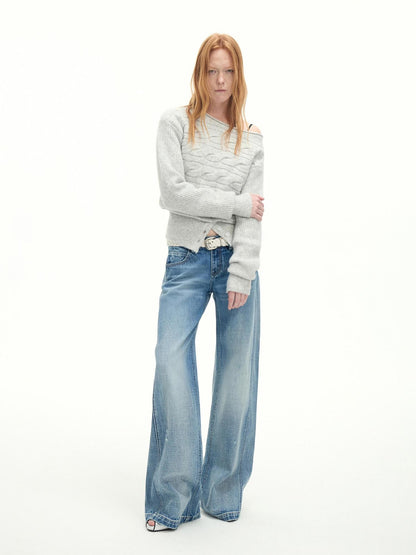 RUN TO THE FUTURE Vintage Washed Flared Cotton Natural Waist Women Blue Wide-Leg Jeans