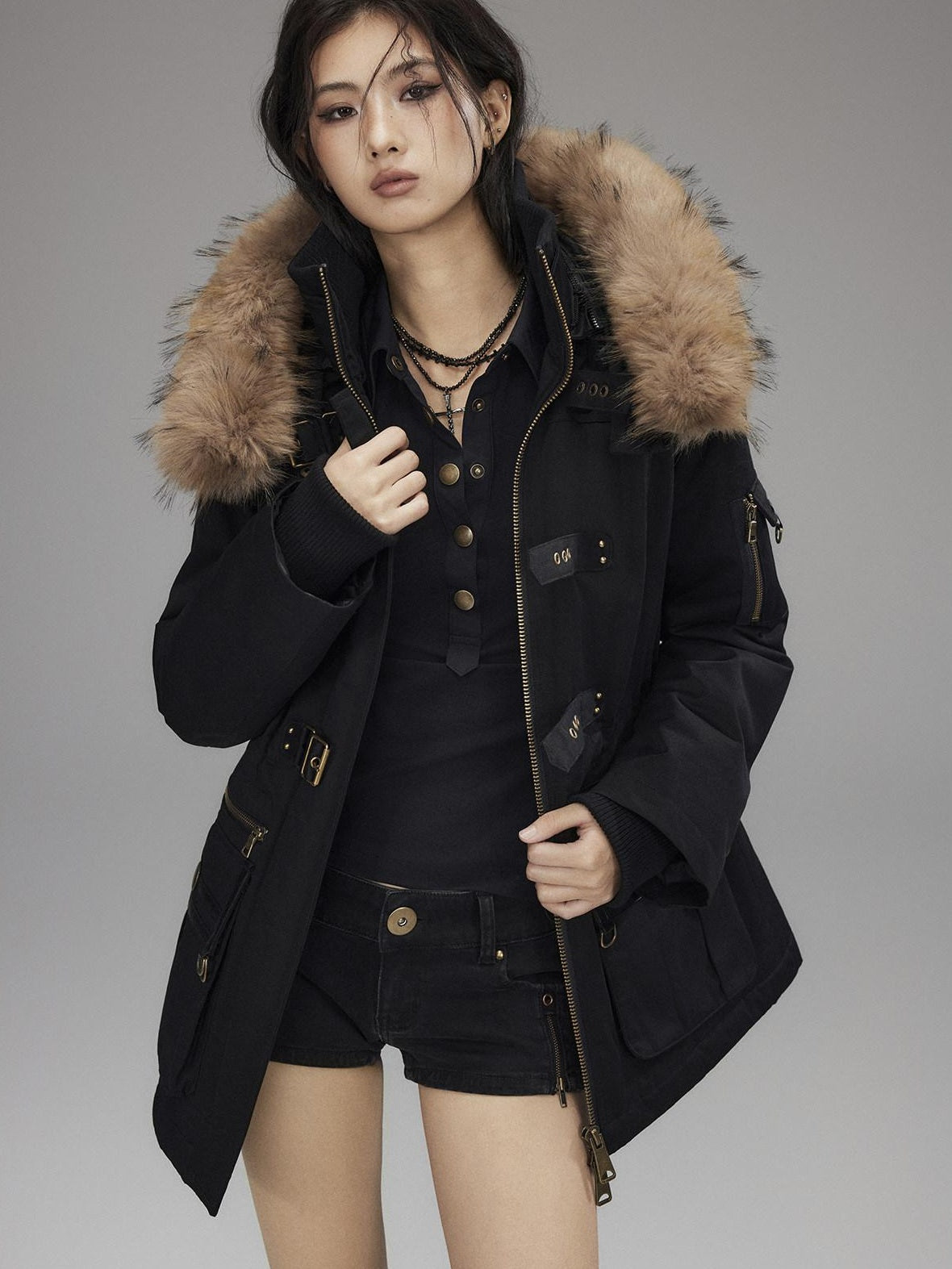 Low pixel Warm Cotton Utility Cinched Waist Multi Pocket Hooded Women Black Puffer Jackets