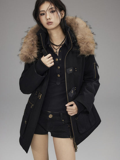 Low pixel Warm Cotton Utility Cinched Waist Multi Pocket Hooded Women Black Puffer Jackets