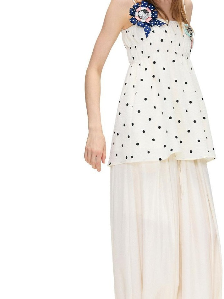 OuttheBlue Soft Cotton Loose Fit Polka Dot Spaghetti Strap Beige Slip Mini Dresses
