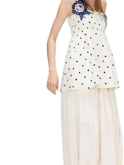 OuttheBlue Soft Cotton Loose Fit Polka Dot Spaghetti Strap Beige Slip Mini Dresses