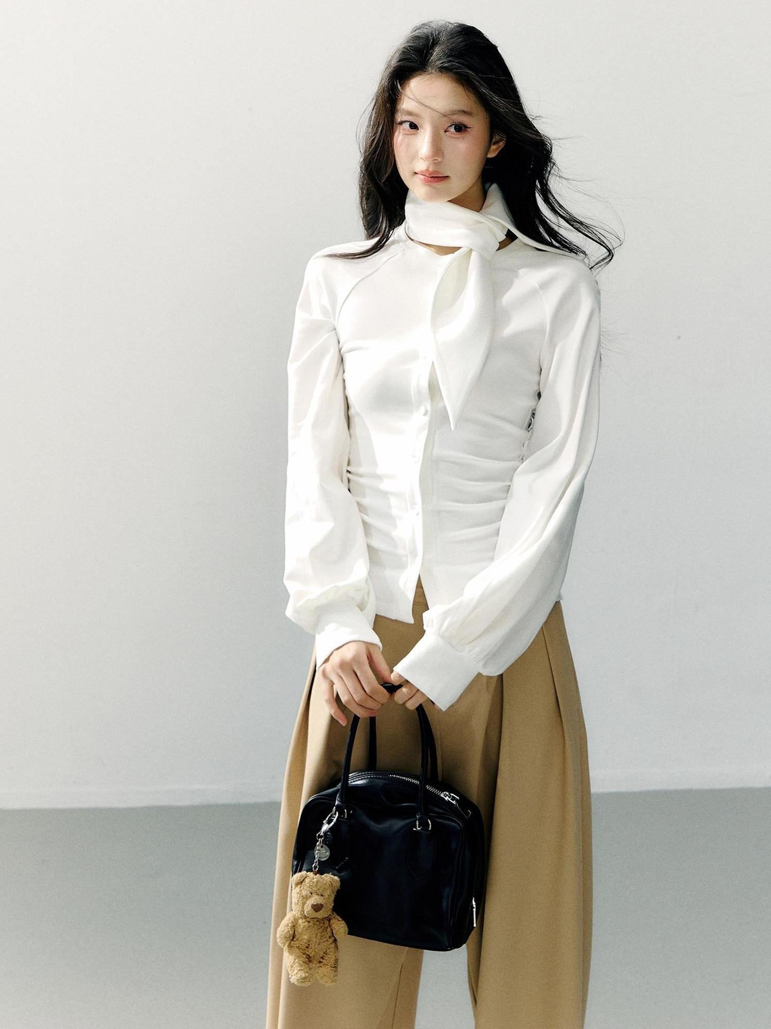 7Shiftin Cotton Bow Tie Fitted Waist Casual Cropped Long Sleeve Women White Blouses
