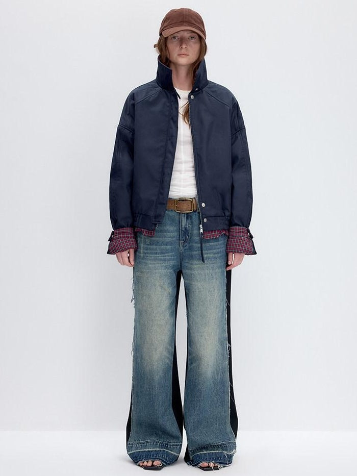 RUN TO THE FUTURE Washed Low Rise Wide Leg Loose Blue Black Denim Zipper Fly Straight Jeans