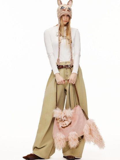 OuttheBlue Cute Edgy Cat Print Square Single Shoulder Women Vintage Pink Khaki Tote Bags