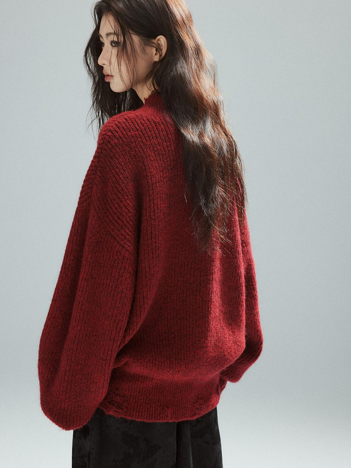 Low pixel Warm Oversized Street Raw Hem Women V-neck Red Pullover Sweaters